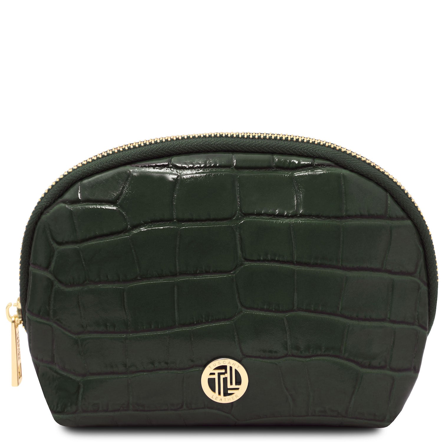 Vera - Croc print leather toiletry case | TL142514 in dark green embossed leather with gold-tone zipper and round metal accent sobre fundo branco