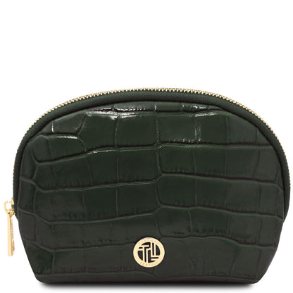 Vera - Croc print leather toiletry case | TL142514 in dark green embossed leather with gold-tone zipper and round metal accent sobre fundo branco