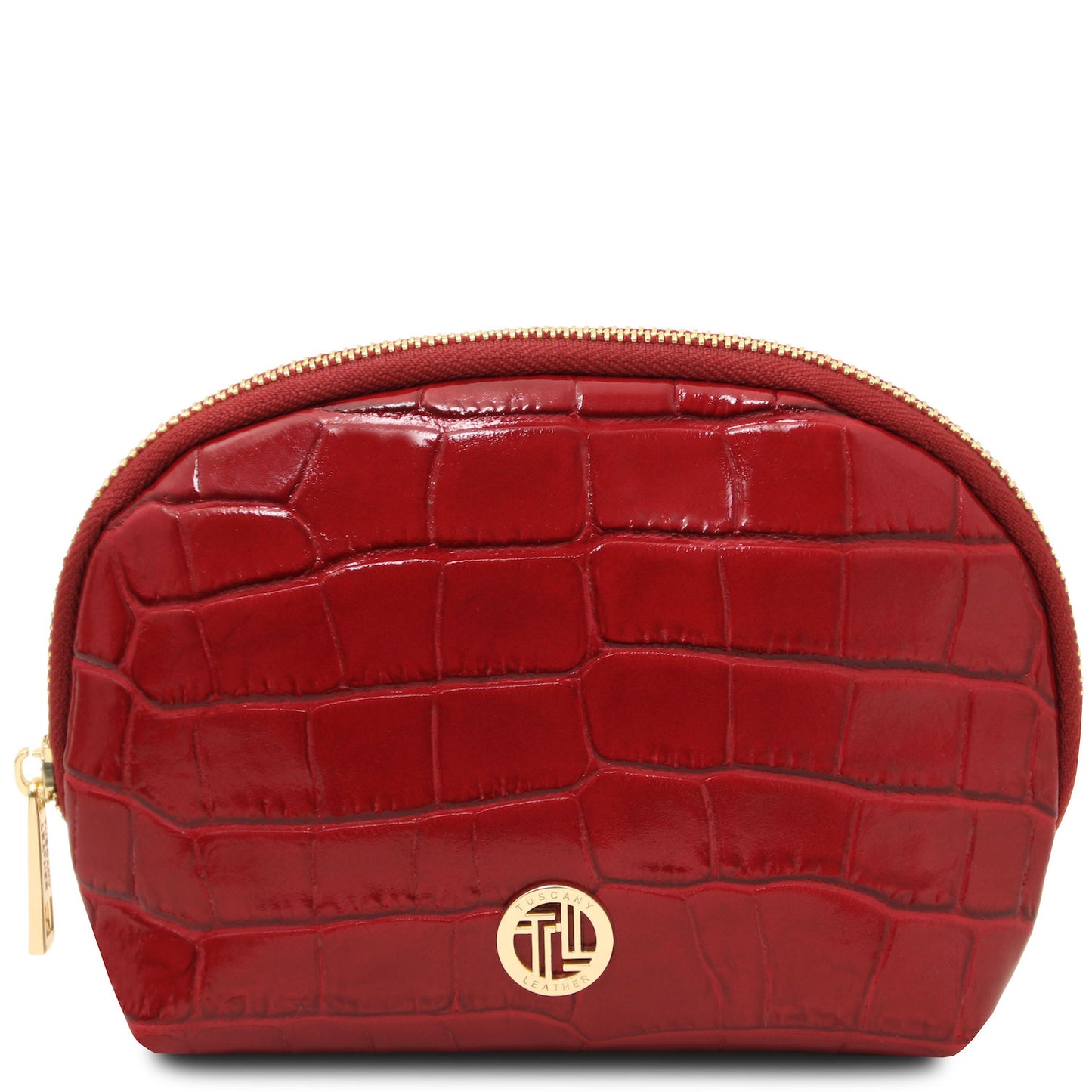 Vera - Croc print leather toiletry case | TL142514 in red embossed leather with ferragens douradas and zip closure sobre fundo branco