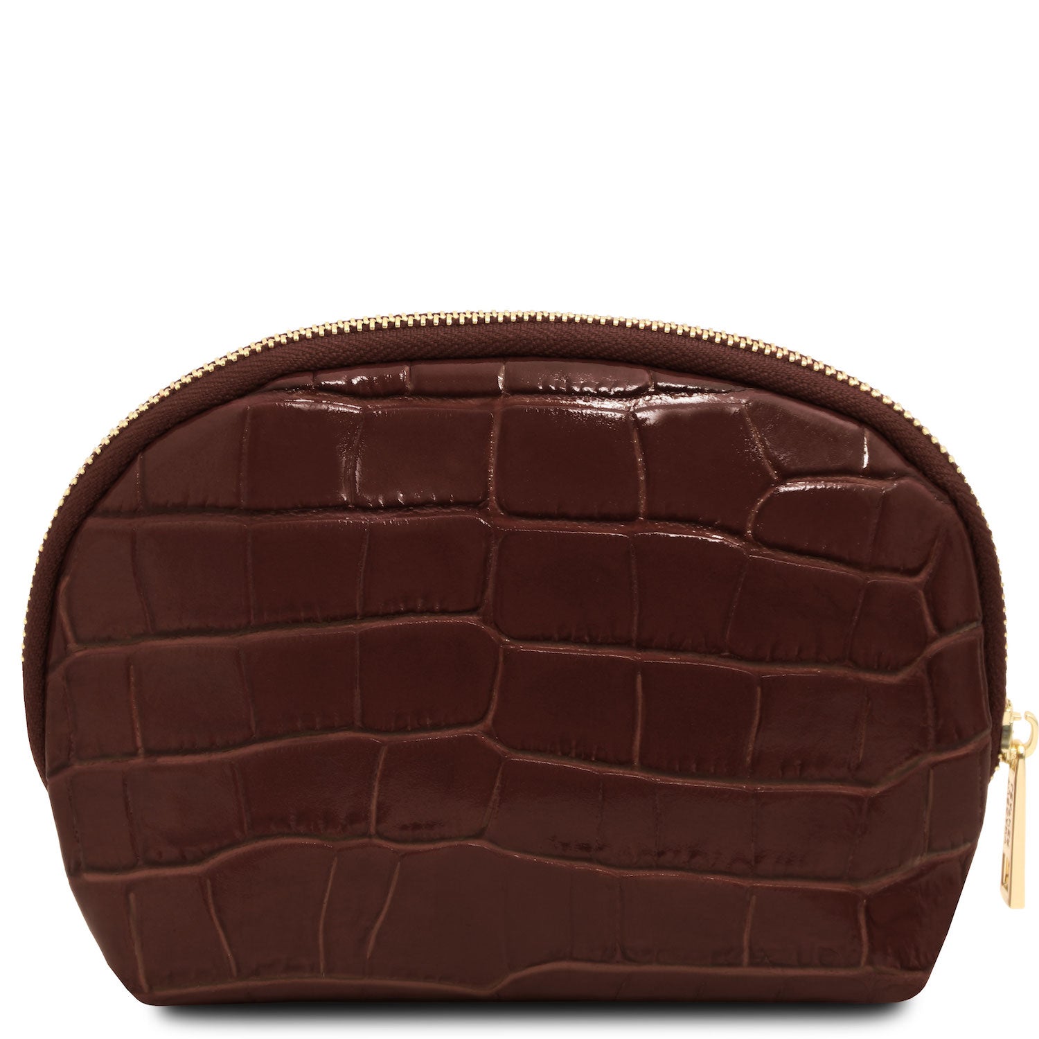 Vera - Croc print leather toiletry case | TL142514 in dark brown embossed leather with semi-rigid structure and gold-tone zip closure sobre fundo branco