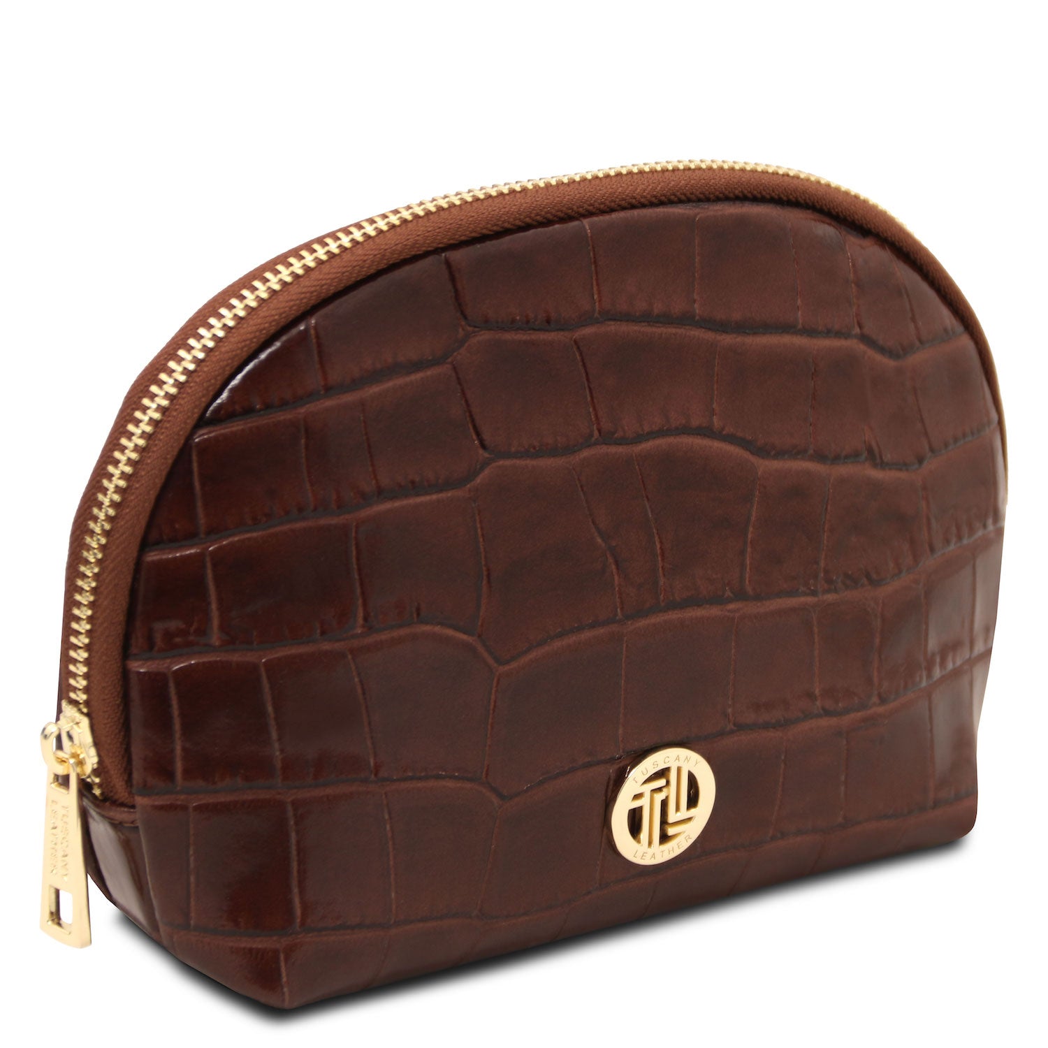 Vera - Croc print leather toiletry case | TL142514 in dark brown embossed leather with gold-tone zipper and metal hardware sobre fundo branco