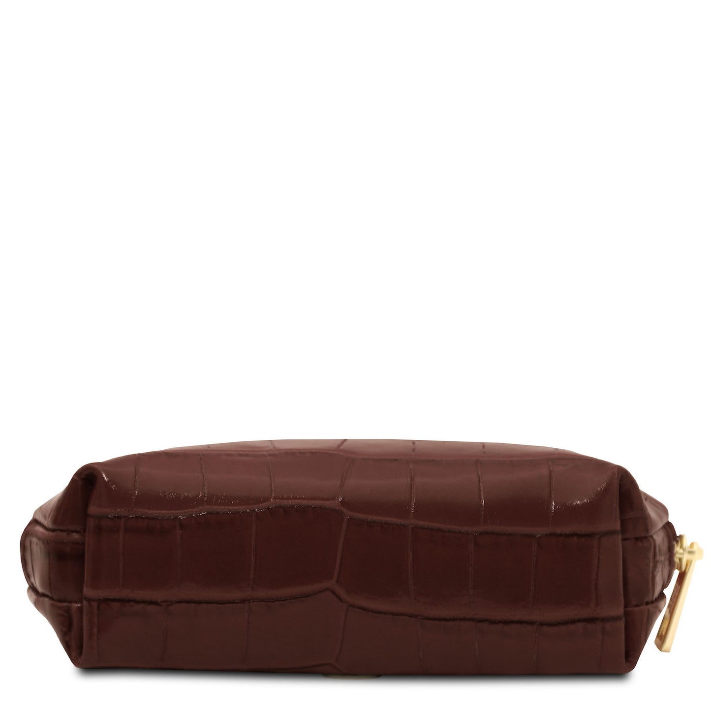 Vera - Croc print leather toiletry case | TL142514 in dark brown embossed leather with gold-tone zipper sobre fundo branco