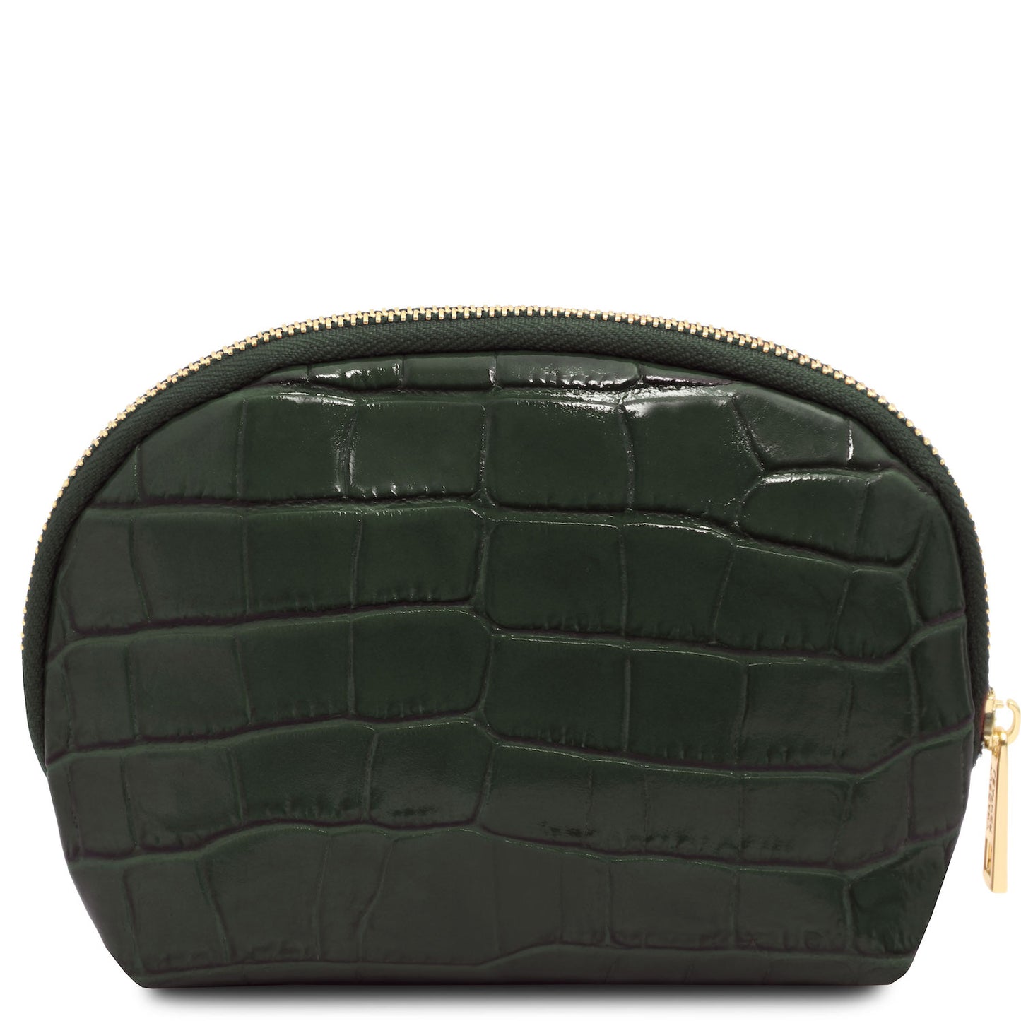 Vera - Croc print leather toiletry case | TL142514 in dark green embossed leather with gold-tone zipper sobre fundo branco