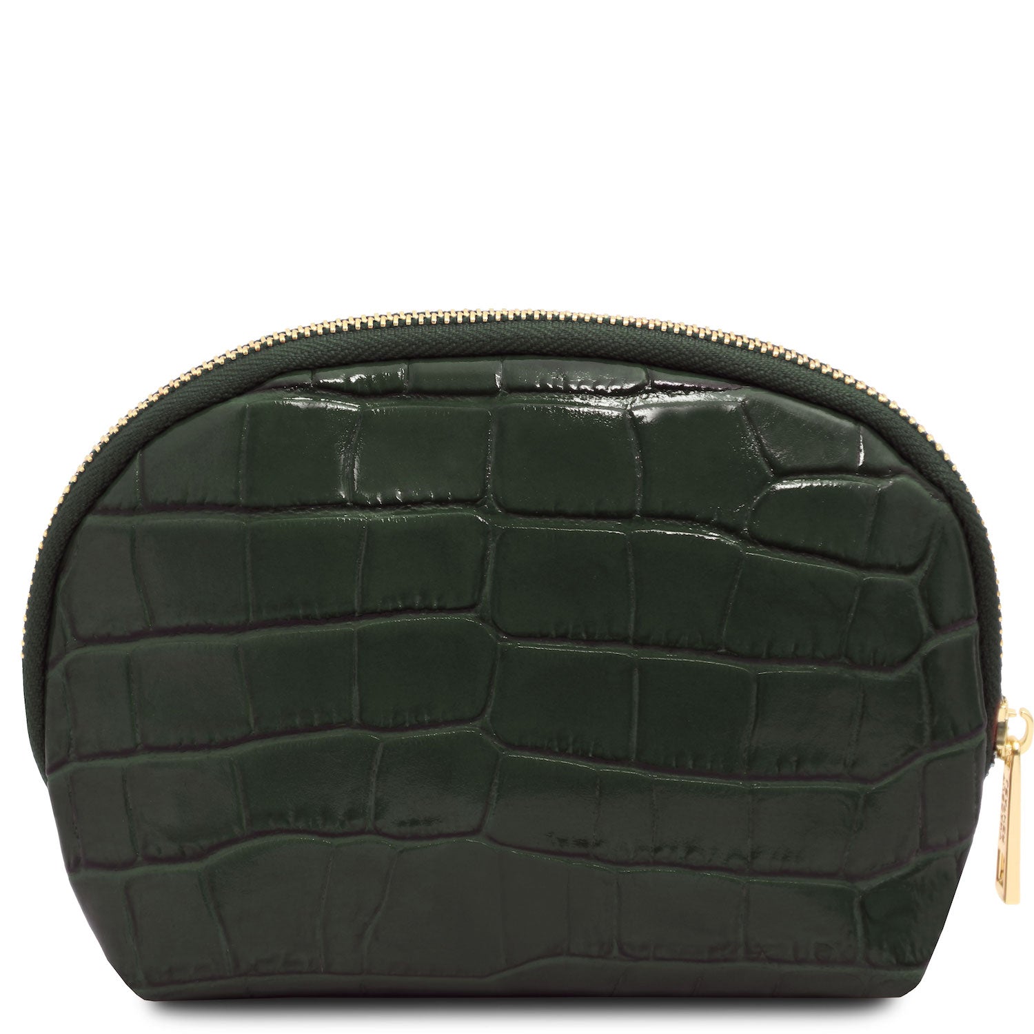 Vera - Croc print leather toiletry case | TL142514 in dark green embossed leather with gold-tone zipper sobre fundo branco