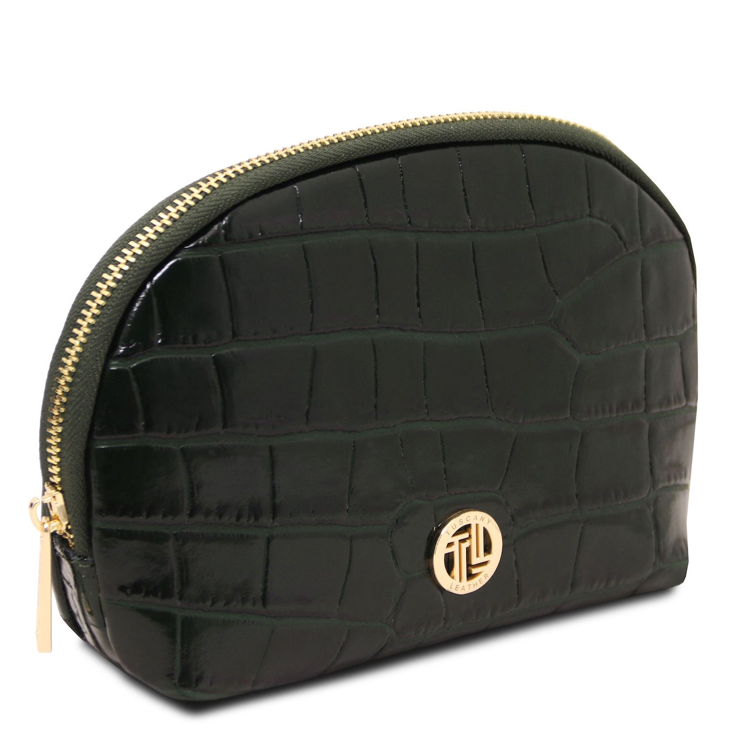 Vera - Croc print leather toiletry case | TL142514 in black embossed leather with ferragens douradas and zip closure sobre fundo branco