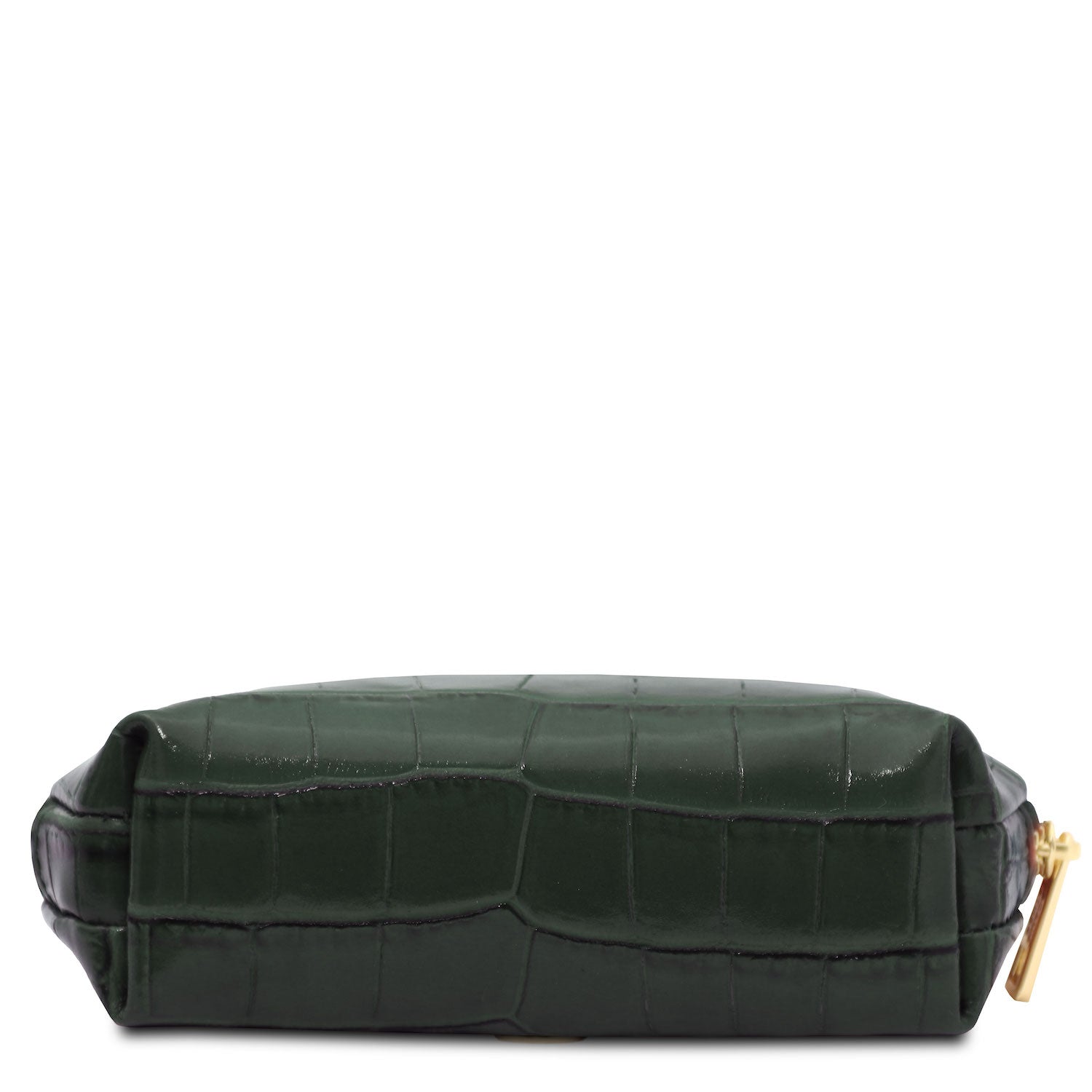 Vera - Croc print leather toiletry case | TL142514 in dark green embossed leather with gold-tone zipper sobre fundo branco.