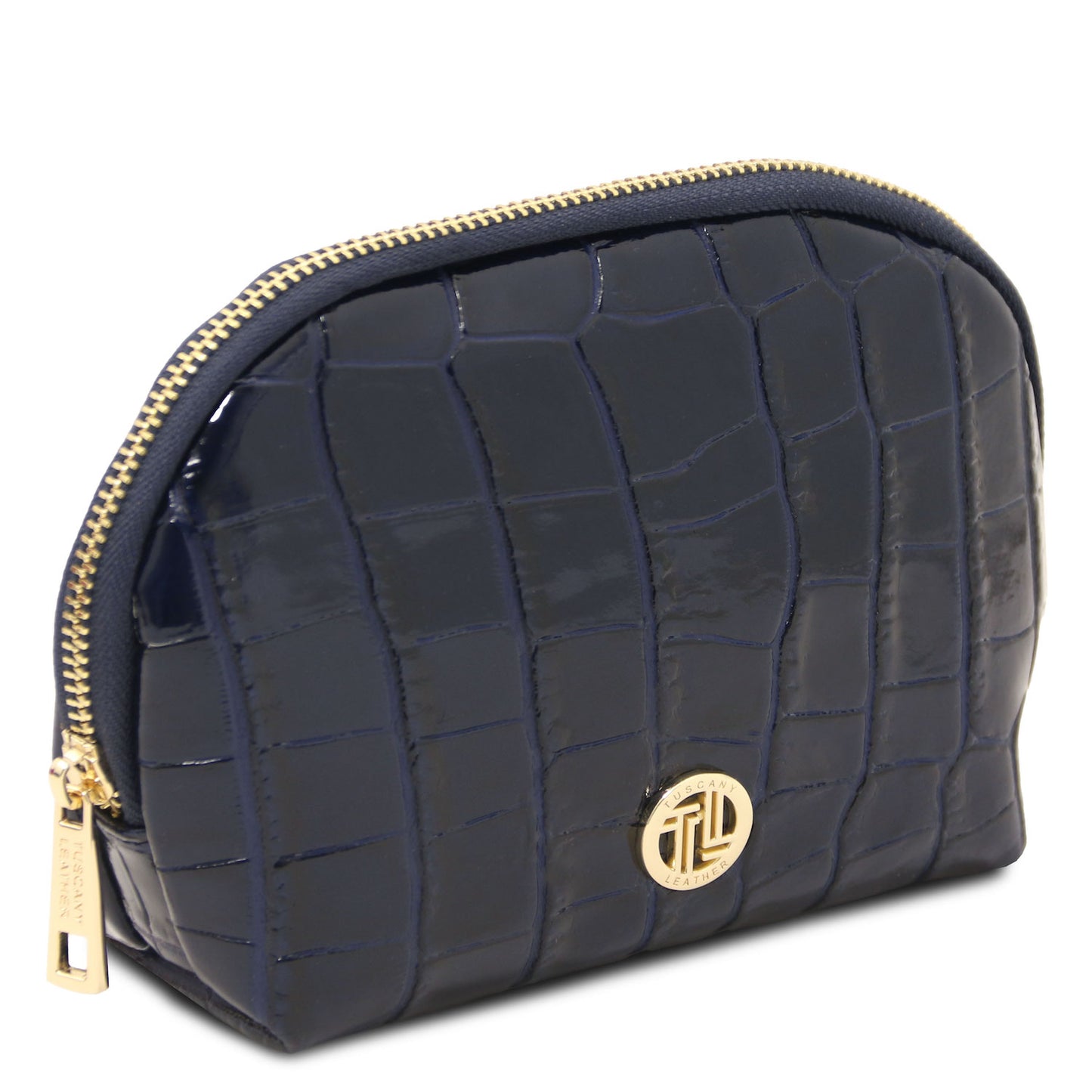 Vera - Croc print leather toiletry case | TL142514 in black embossed leather with gold-tone zipper and metal emblem sobre fundo branco