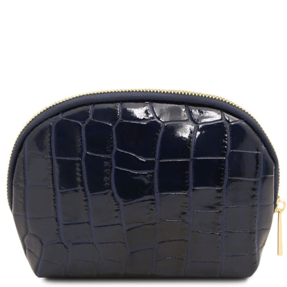 Vera - Croc print leather toiletry case | TL142514 in black embossed leather with gold-tone zipper sobre fundo branco