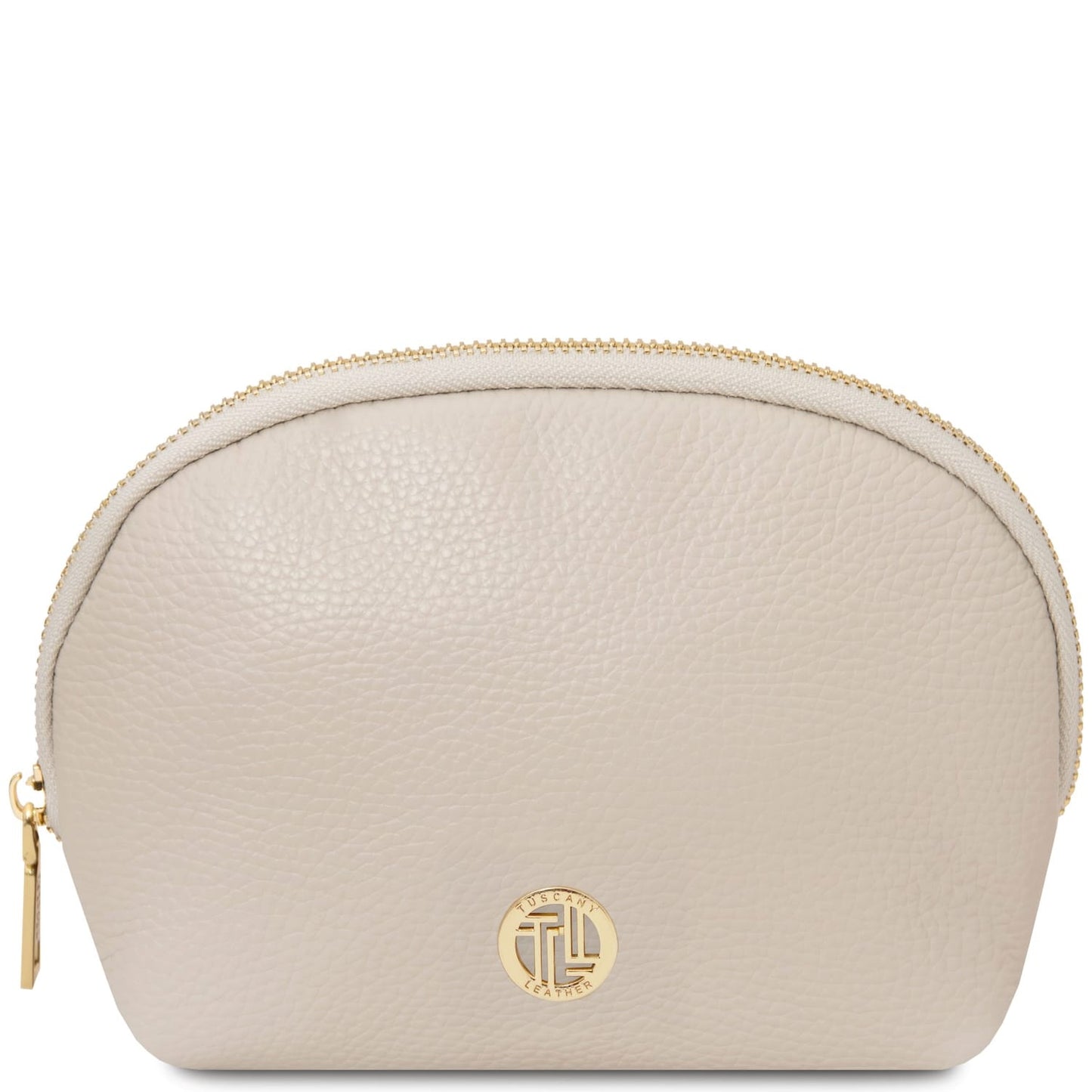 Beige rounded Vera leather case with gold zipper and gold logo plaque.