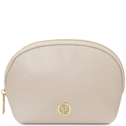 Beige rounded Vera leather case with gold zipper and gold logo plaque.