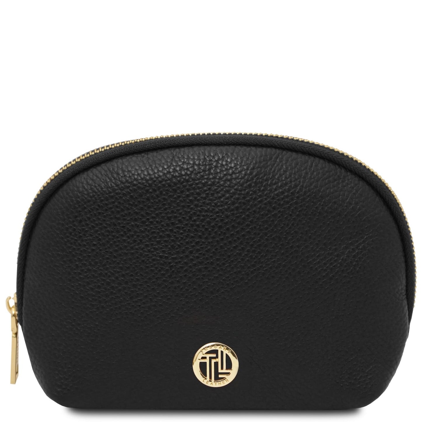 Black pebbled leather rounded toiletry case with gold zipper and logo.