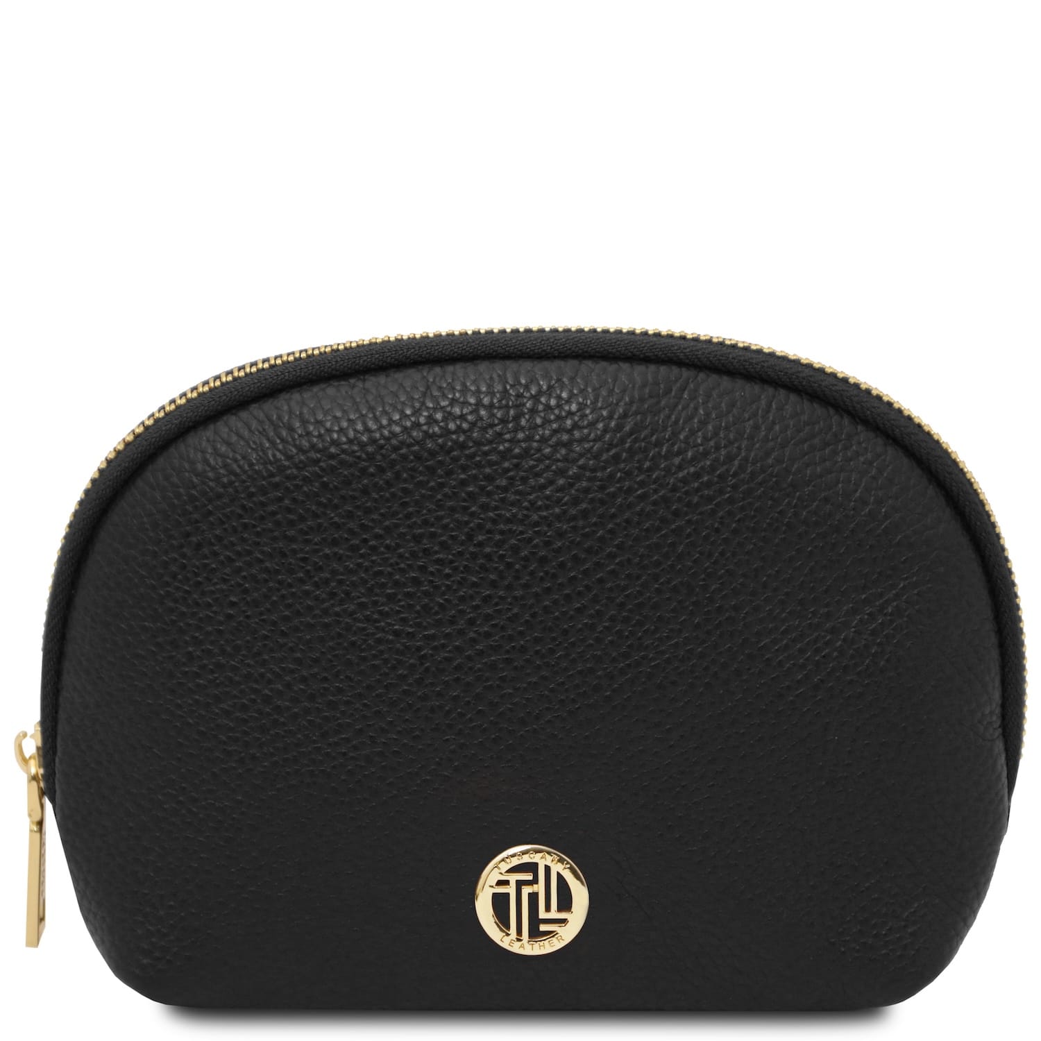 Black pebbled leather rounded toiletry case with gold zipper and logo.