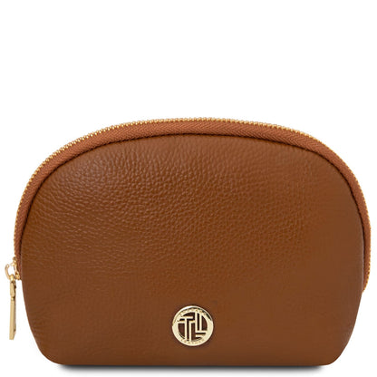 Vera soft leather toiletry case in warm tan brown with gold zipper and round gold logo emblem