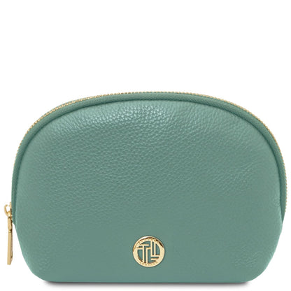 Vera teal soft leather toiletry case with gold zipper and circular gold logo plaque