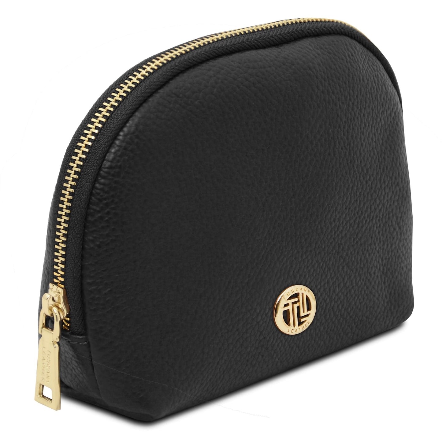 Vera soft leather toiletry case in black with gold zipper and round gold logo emblem
