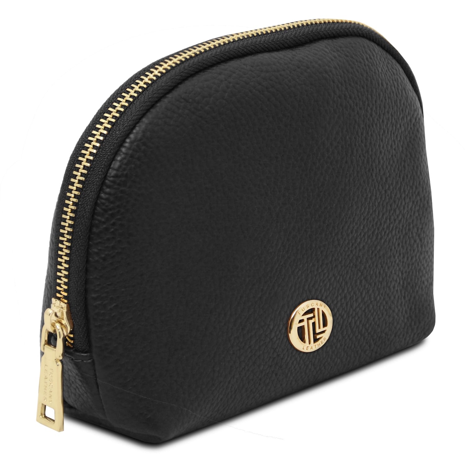 Vera soft leather toiletry case in black with gold zipper and round gold logo emblem