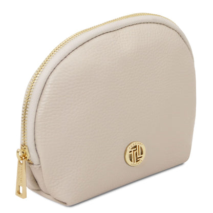 Vera soft leather toiletry case in beige with gold zipper and circular logo plaque