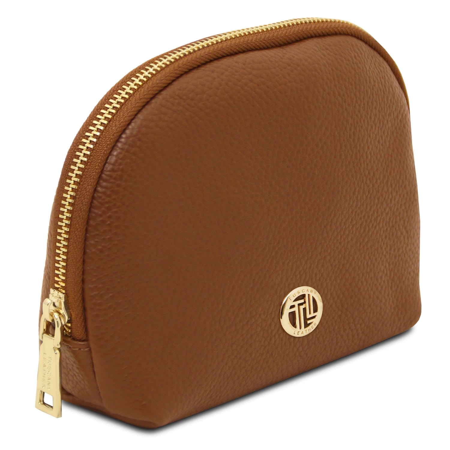 Vera soft leather toiletry case in light brown with gold zipper and round gold logo emblem