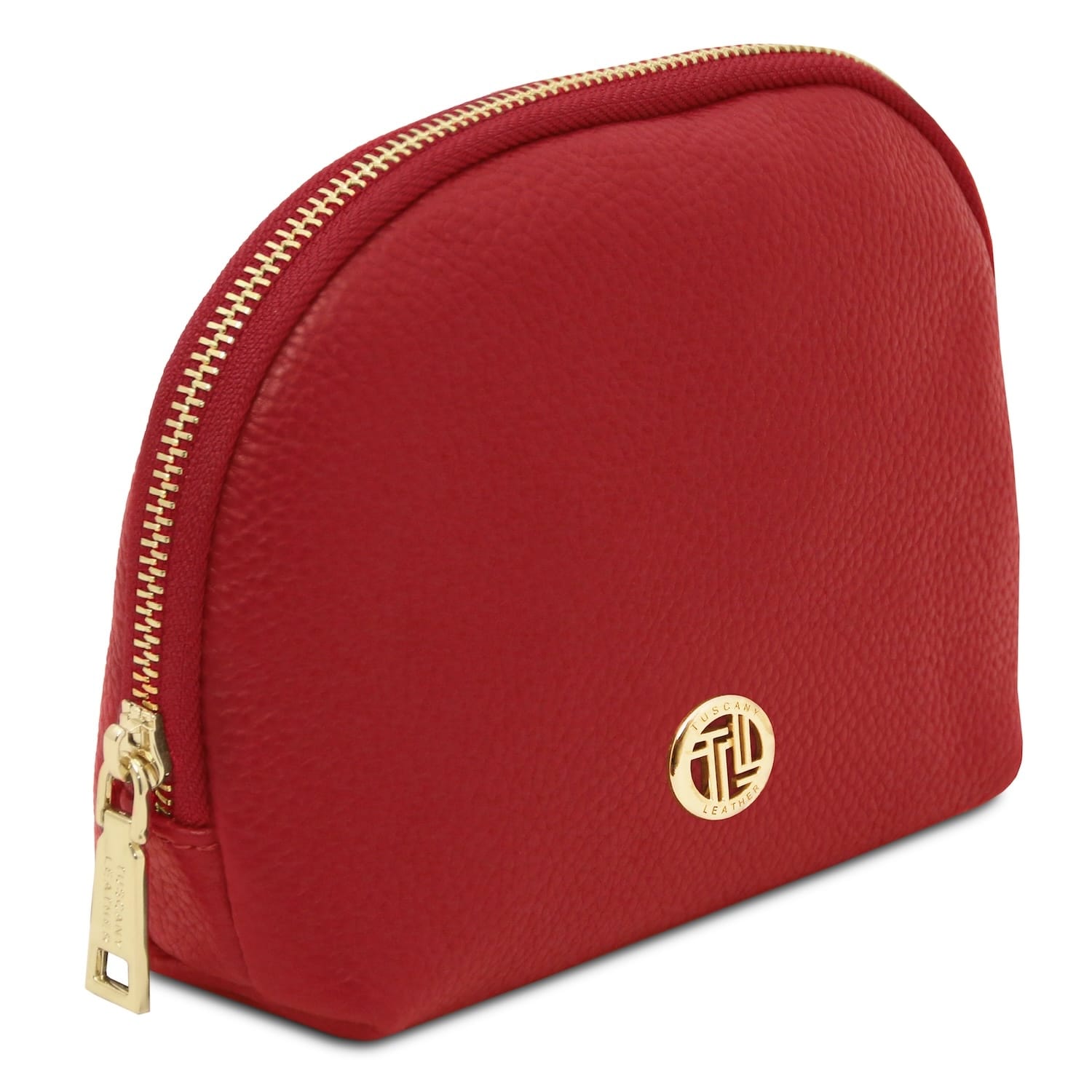 Top angled view of red pebbled leather Vera toiletry case with a gold zipper along the curved edge.
