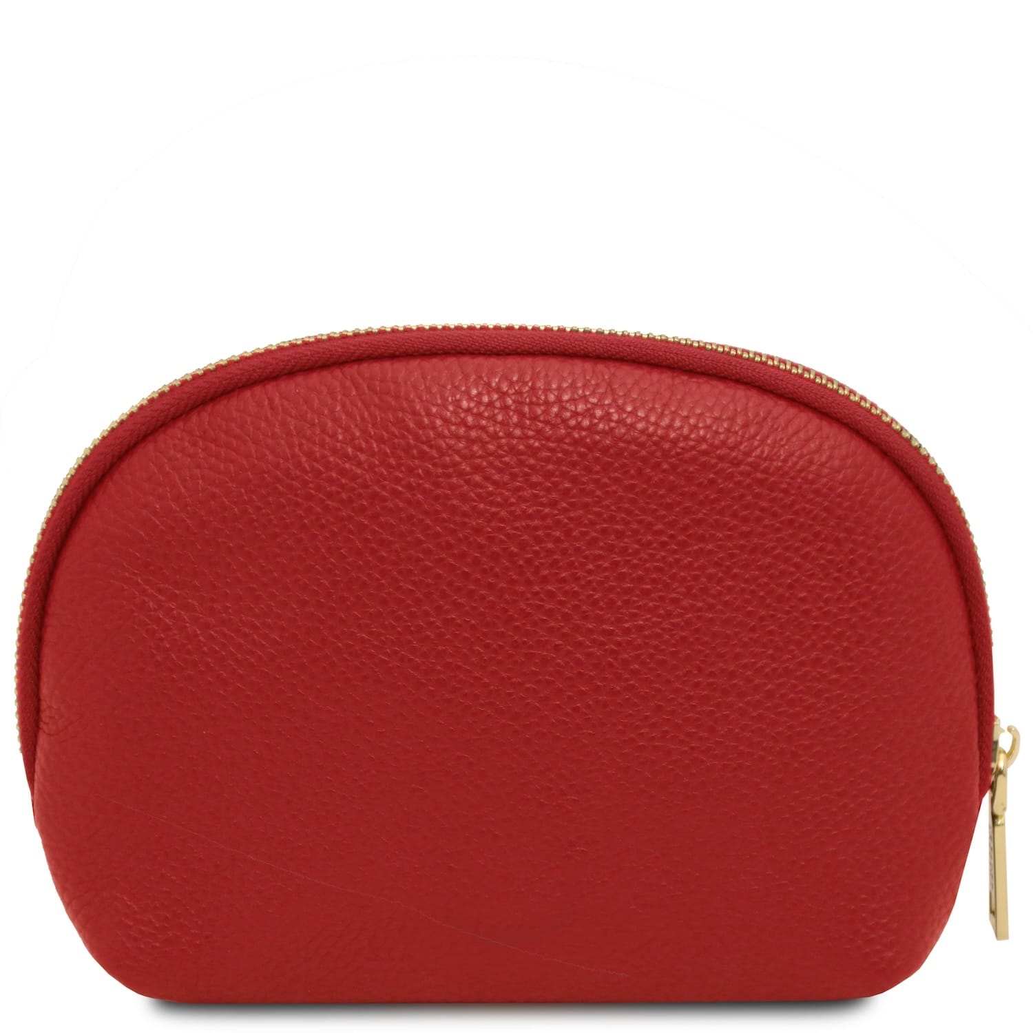 Front-right perspective of red Vera leather toiletry case with a gold zipper and textured grain.
