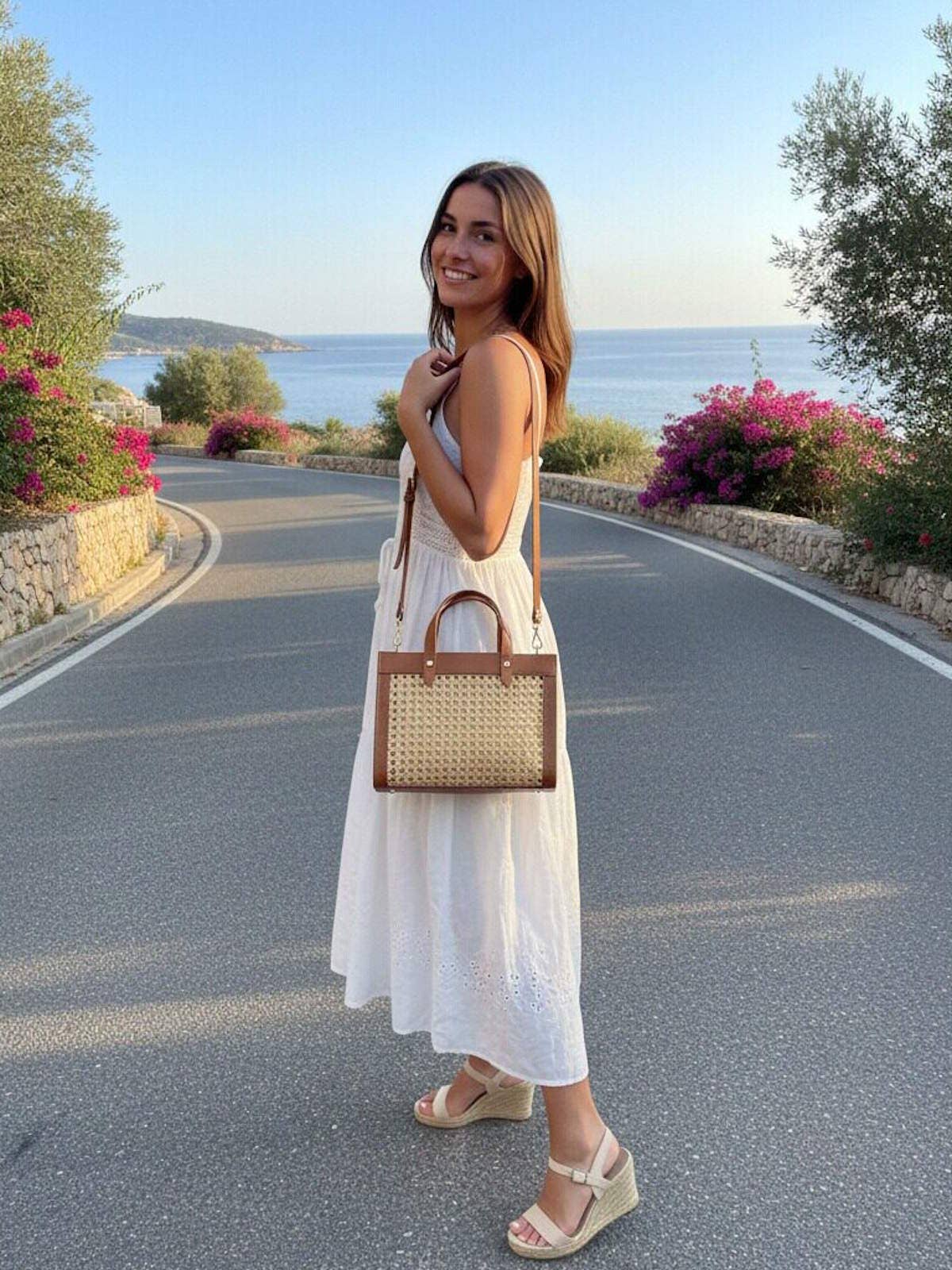 Woman in a white dress holding a woven handbag on a scenic road with ocean view