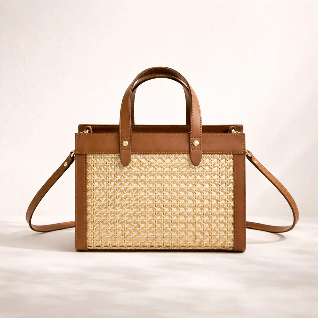 Handbag with woven front panel and brown leather straps on a light background
