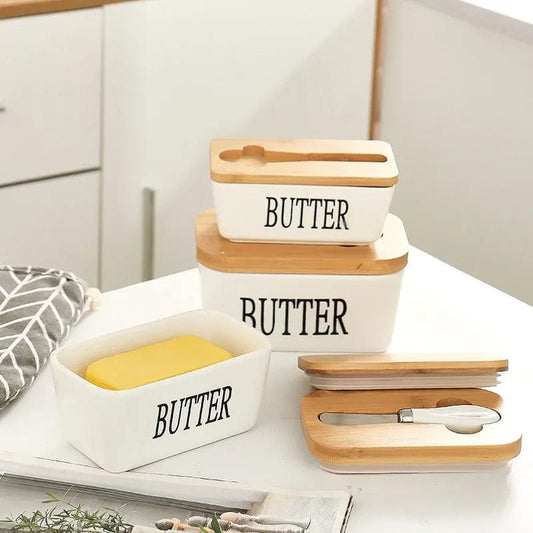 White Ceramic Butter Dish with Lid and Butter Knife - Premium  - Shop now at San Rocco Italia