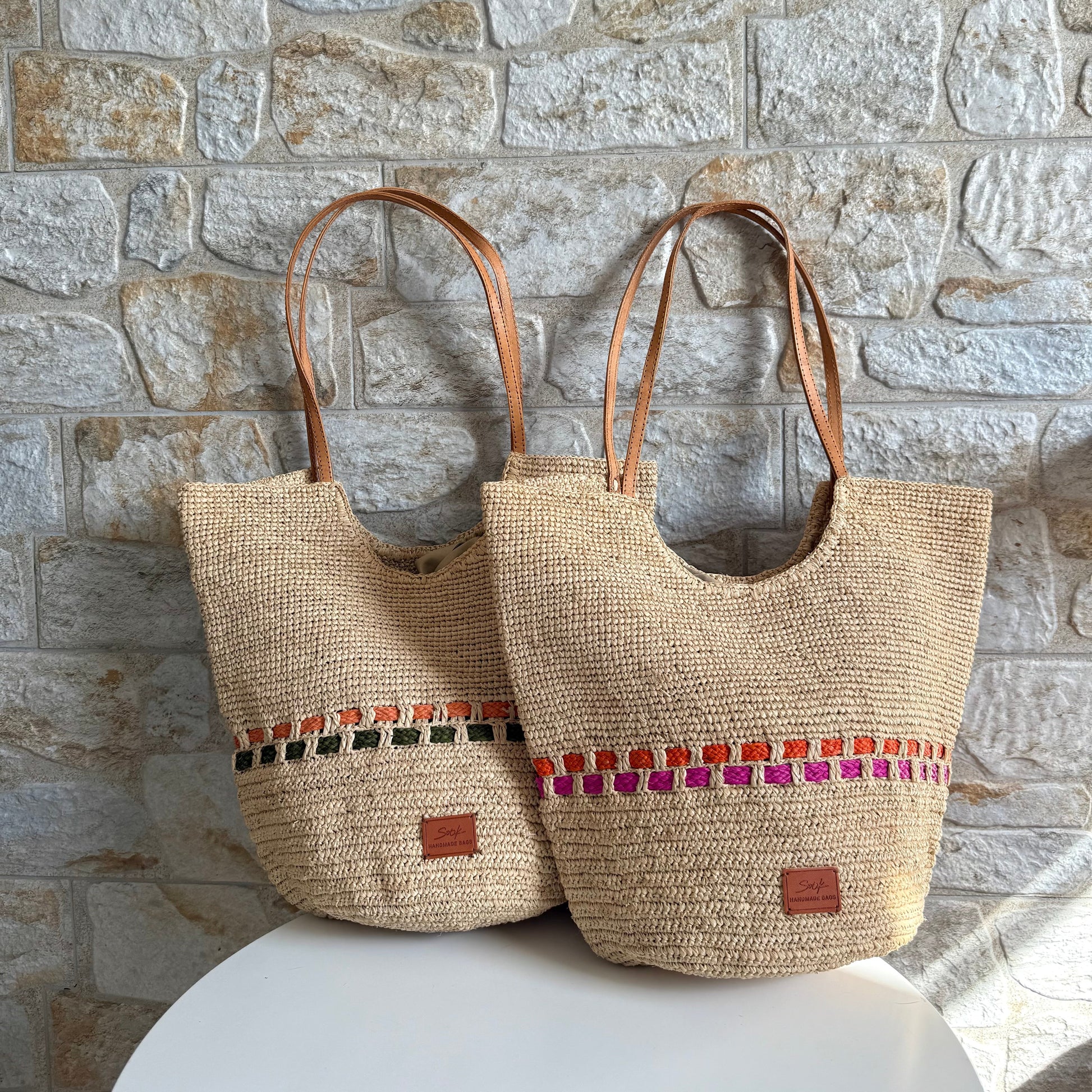 Handbag & Wallet Accessories Zola - Handmade Natural Raffia Tote Bag - Fuchsia and Orange San Rocco Italia