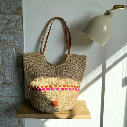 Handbag & Wallet Accessories Zola - Handmade Natural Raffia Tote Bag - Fuchsia and Orange San Rocco Italia