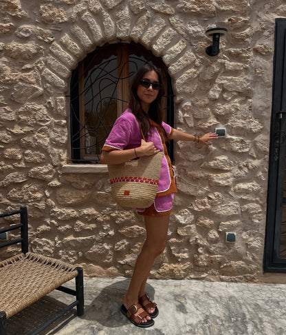 Handbag & Wallet Accessories Zola - Handmade Natural Raffia Tote Bag - Fuchsia and Orange San Rocco Italia