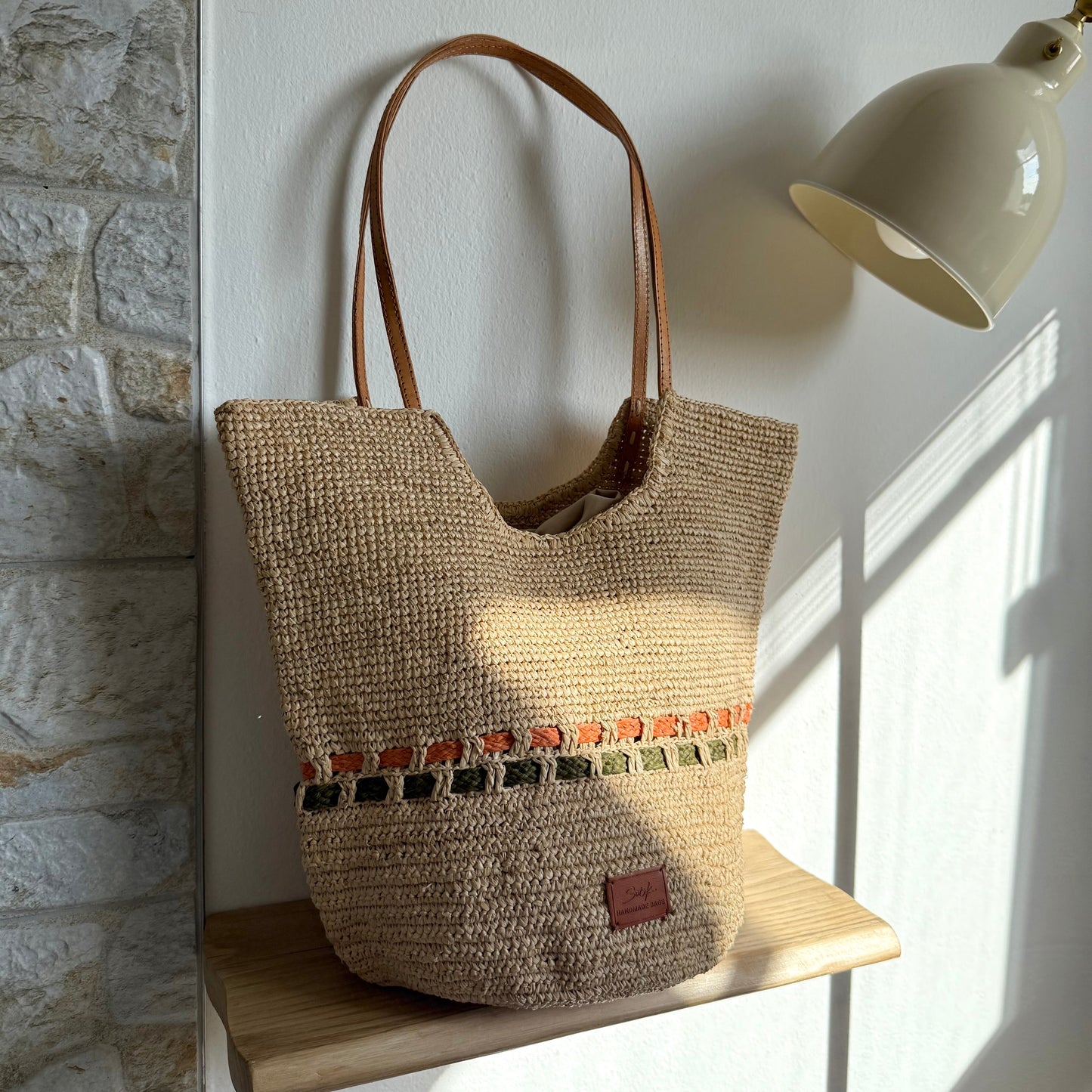 Handbag & Wallet Accessories Zola - Handmade Natural Raffia Tote Bag - Pastel Green and Amber San Rocco Italia