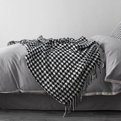 Black and White Houndstooth Boho Throw Blankets With Tassels - Blankets - San Rocco Italia