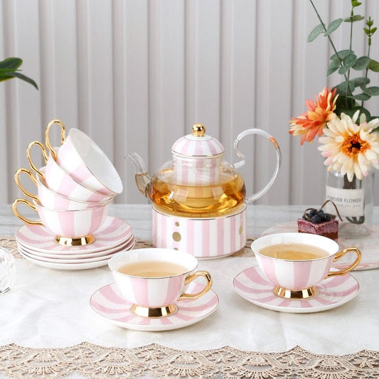 Pretty in Pink Afternoon Tea Set | Bone China Cups, Saucers, Teapot and Candle Teapot Warmer - Coffee & Tea Sets - San Rocco Italia