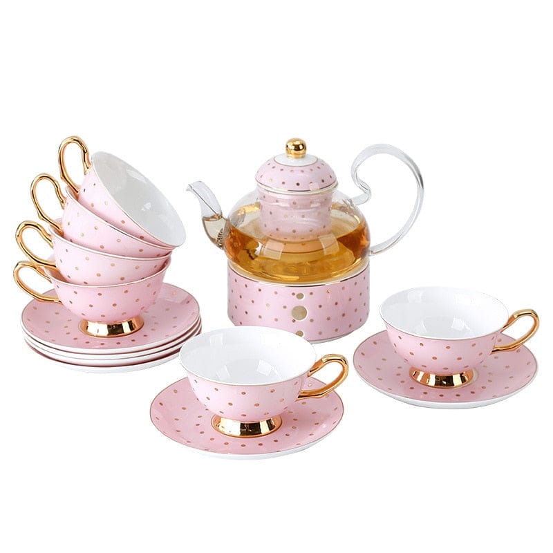 Pretty in Pink Afternoon Tea Set | Bone China Cups, Saucers, Teapot and Candle Teapot Warmer - Premium Coffee & Tea Sets - Shop now at San Rocco Italia