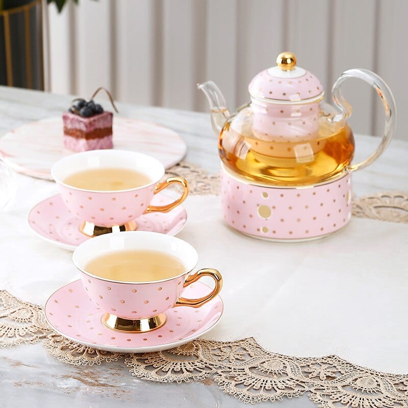 Pretty in Pink Afternoon Tea Set | Bone China Cups, Saucers, Teapot and Candle Teapot Warmer - Premium Coffee & Tea Sets - Shop now at San Rocco Italia