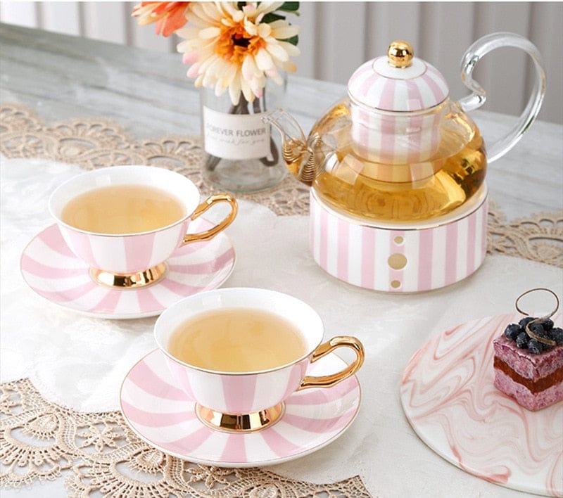 Pretty in Pink Afternoon Tea Set | Bone China Cups, Saucers, Teapot and Candle Teapot Warmer - Premium Coffee & Tea Sets - Shop now at San Rocco Italia