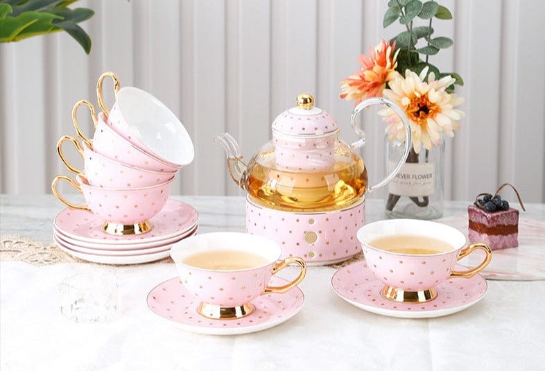 Pretty in Pink Afternoon Tea Set | Bone China Cups, Saucers, Teapot and Candle Teapot Warmer - Premium Coffee & Tea Sets - Shop now at San Rocco Italia