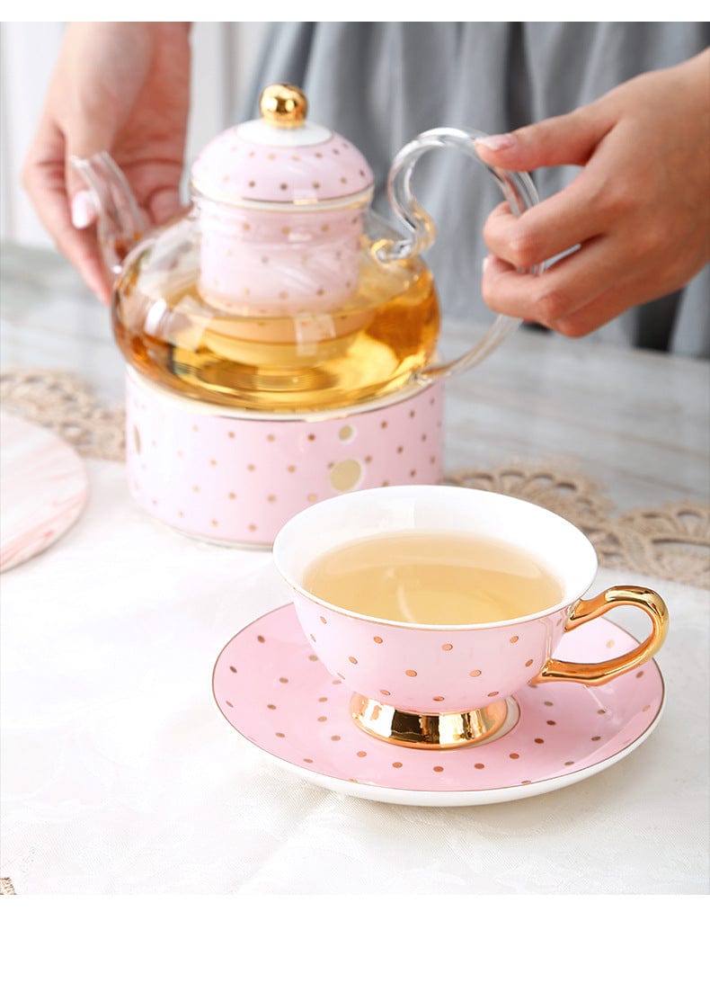 Pretty in Pink Afternoon Tea Set | Bone China Cups, Saucers, Teapot and Candle Teapot Warmer - Premium Coffee & Tea Sets - Shop now at San Rocco Italia