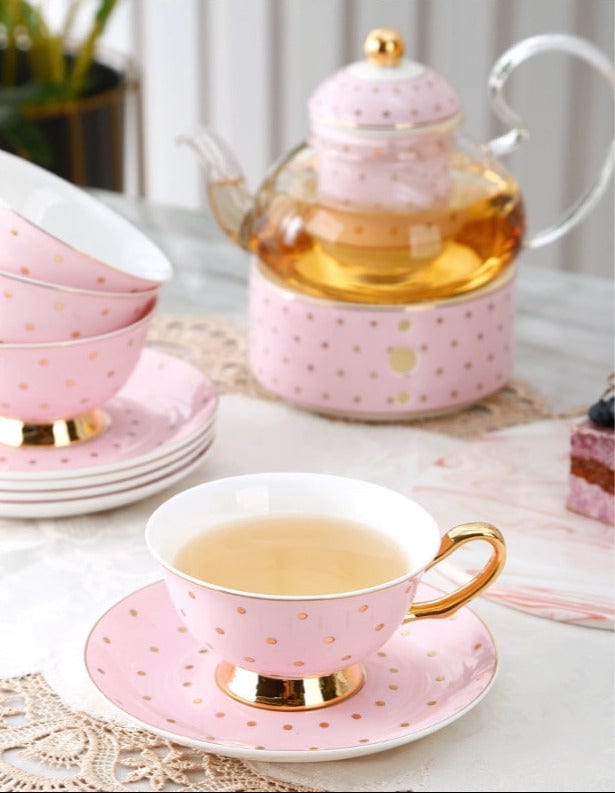 Pretty in Pink Afternoon Tea Set | Bone China Cups, Saucers, Teapot and Candle Teapot Warmer - Premium Coffee & Tea Sets - Shop now at San Rocco Italia