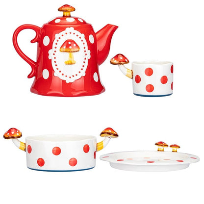Red and White Mushroom Ceramic Mugs, Teapot, Plates and Bowls - San Rocco Italia