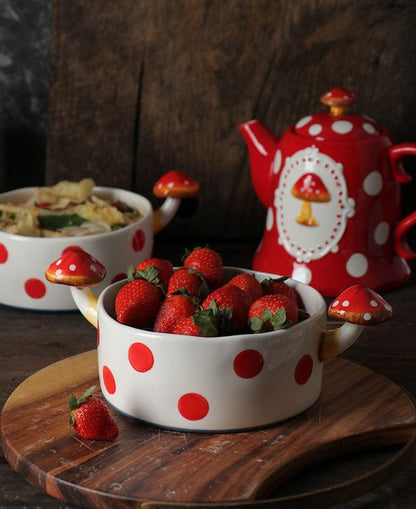 Red and White Mushroom Ceramic Mugs, Teapot, Plates and Bowls - San Rocco Italia