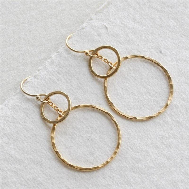 Handmade Hammered Double Circle Gold Drop Earrings | 14K Gold Filled - Premium Jewelry & Accessories - Earrings - Shop now at San Rocco Italia