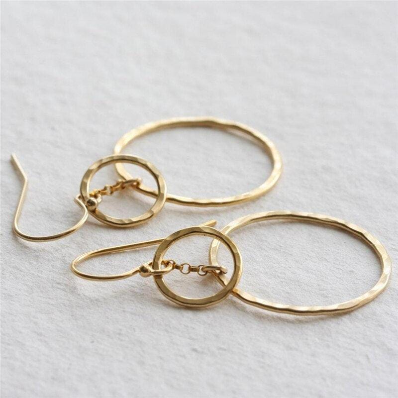 Handmade Hammered Double Circle Gold Drop Earrings | 14K Gold Filled - Premium Jewelry & Accessories - Earrings - Shop now at San Rocco Italia