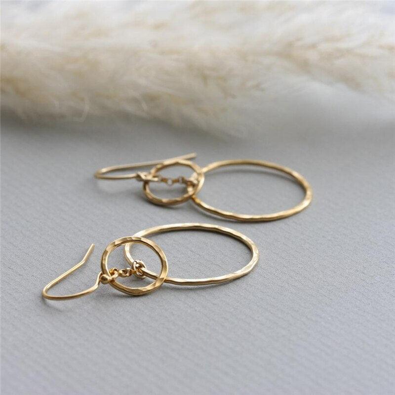 Handmade Hammered Double Circle Gold Drop Earrings | 14K Gold Filled - Premium Jewelry & Accessories - Earrings - Shop now at San Rocco Italia