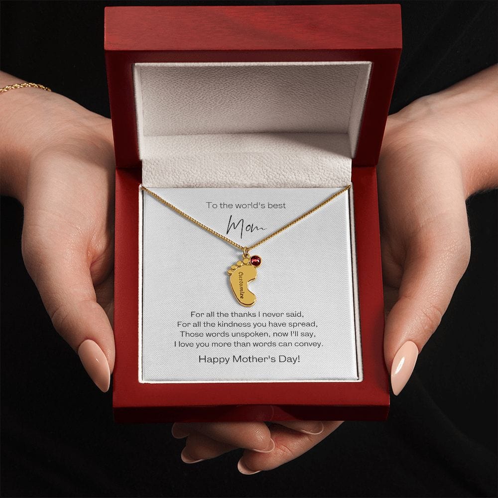 Engraved Baby Feet Necklace with Birthstone and "To the World's Best Mom" Message Card - Premium Jewelry - Shop now at San Rocco Italia