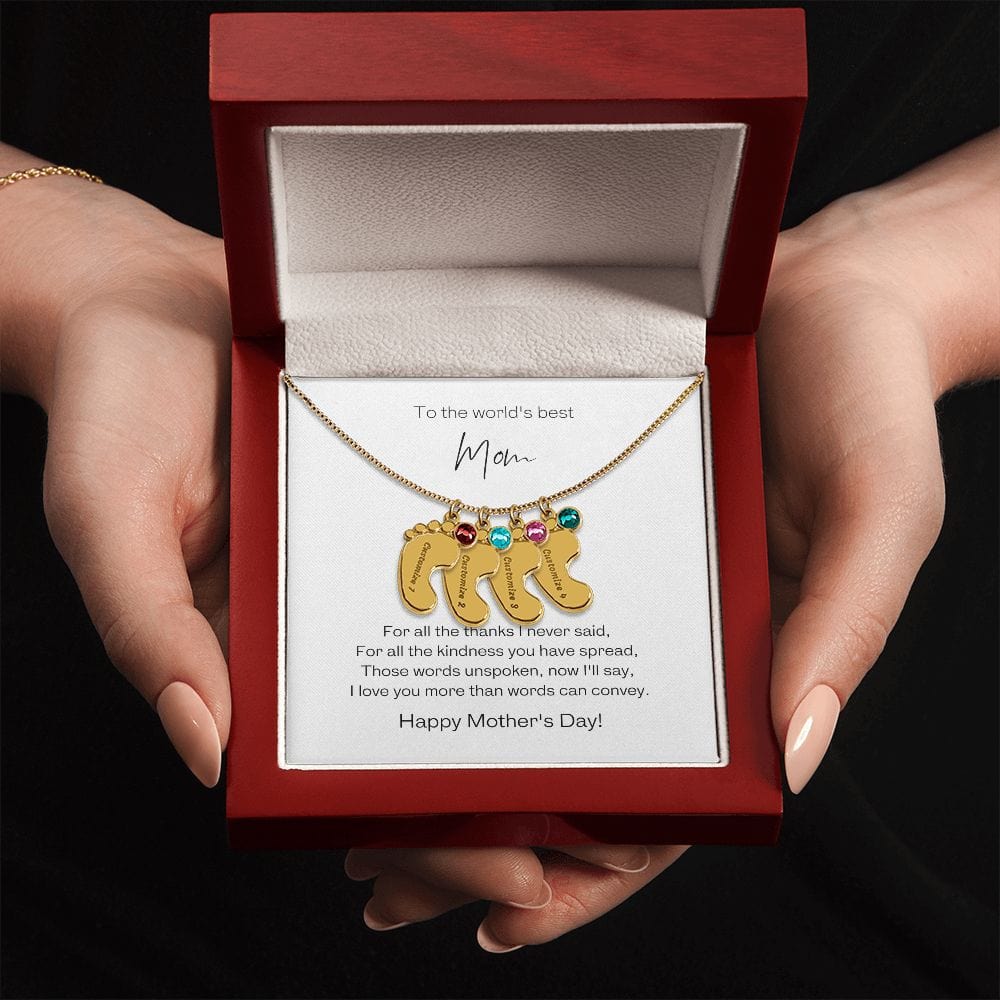 Engraved Baby Feet Necklace with Birthstone and "To the World's Best Mom" Message Card - Jewelry - San Rocco Italia