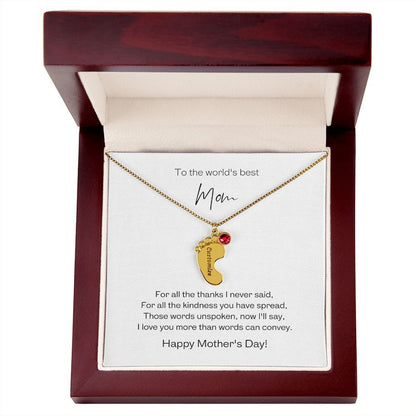 Engraved Baby Feet Necklace with Birthstone and "To the World's Best Mom" Message Card - Jewelry - San Rocco Italia