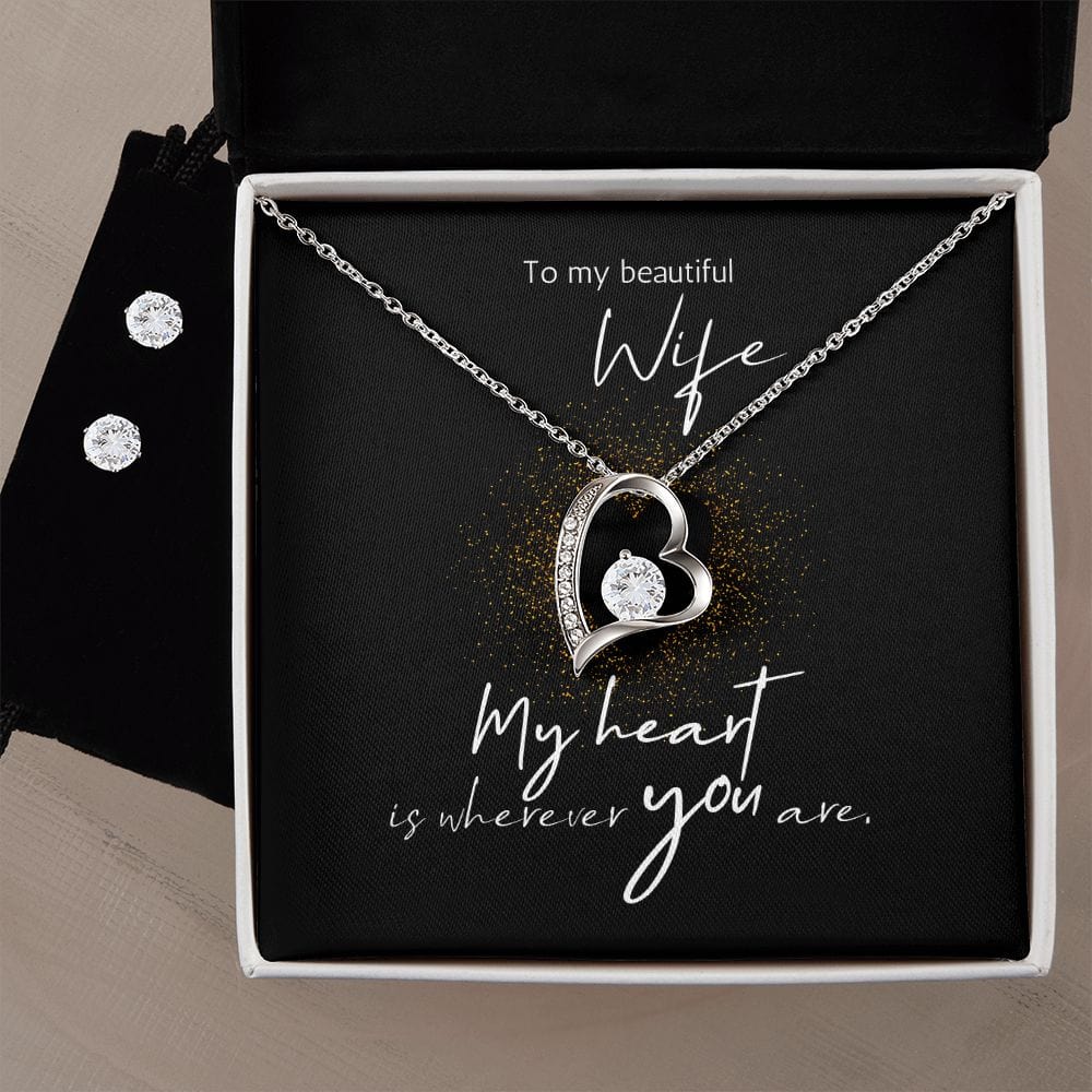 Forever Love Heart Necklace + CZ Earrings with Customizable Message Card | 14k White Gold Finish - Premium Jewelry - Shop now at San Rocco Italia
