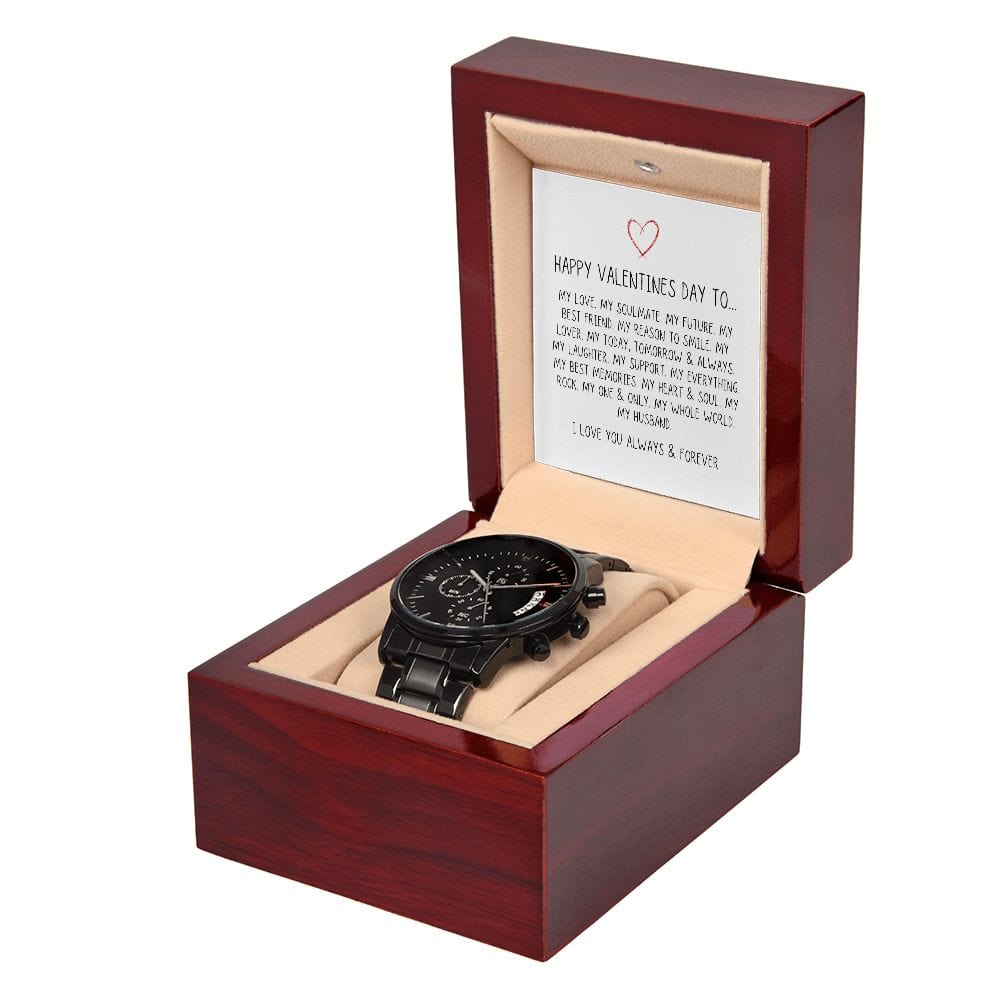 Happy Valentine's Day to my Husband Black Chronograph Watch + Luxury Mahogany Style Box | Customizable Message Card - Jewelry - San Rocco Italia