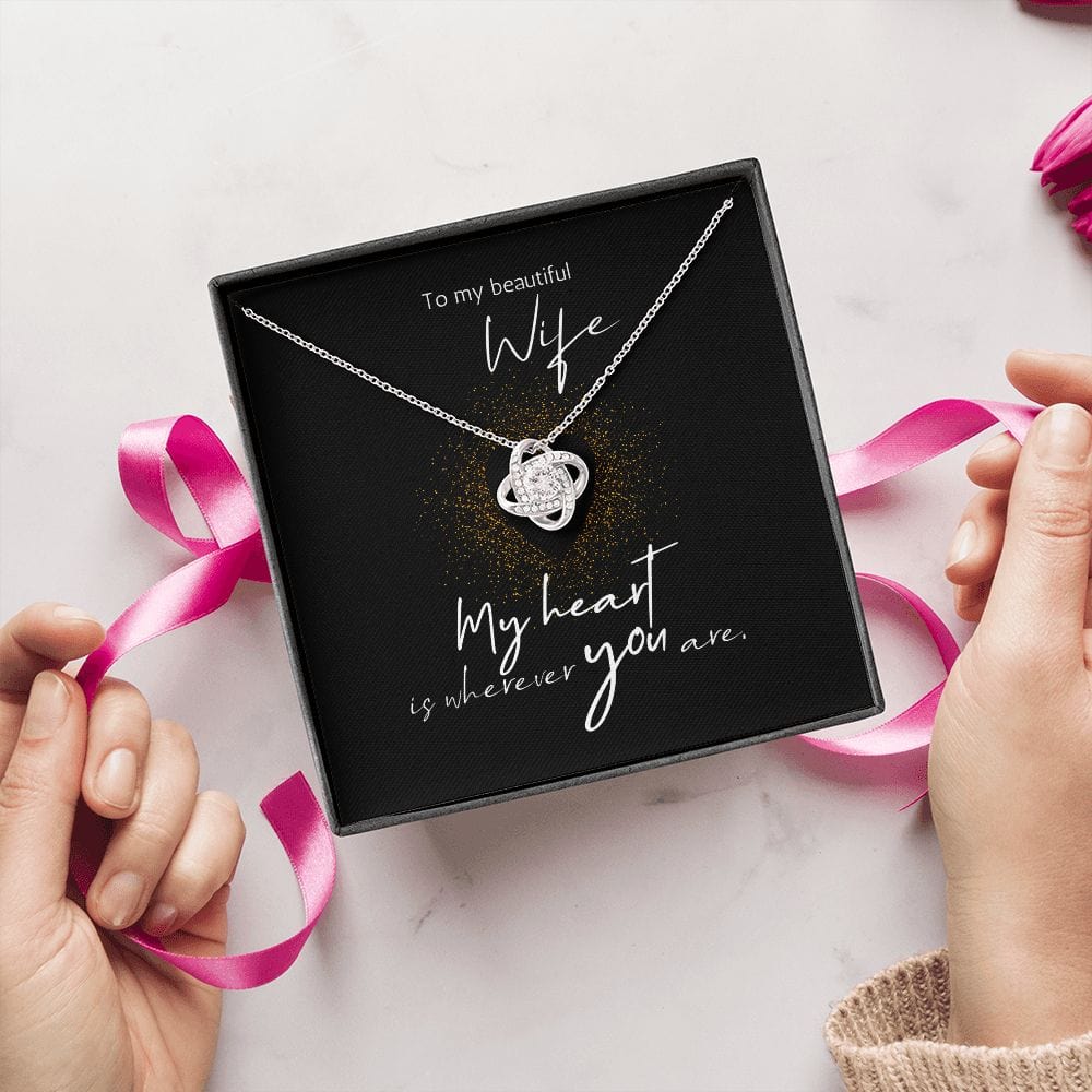 To My Beautiful Wife Love Knot Necklace with Customizable Message Card (18K Yellow Gold and 14K White Gold Finish Options) - Premium Jewelry - Shop now at San Rocco Italia